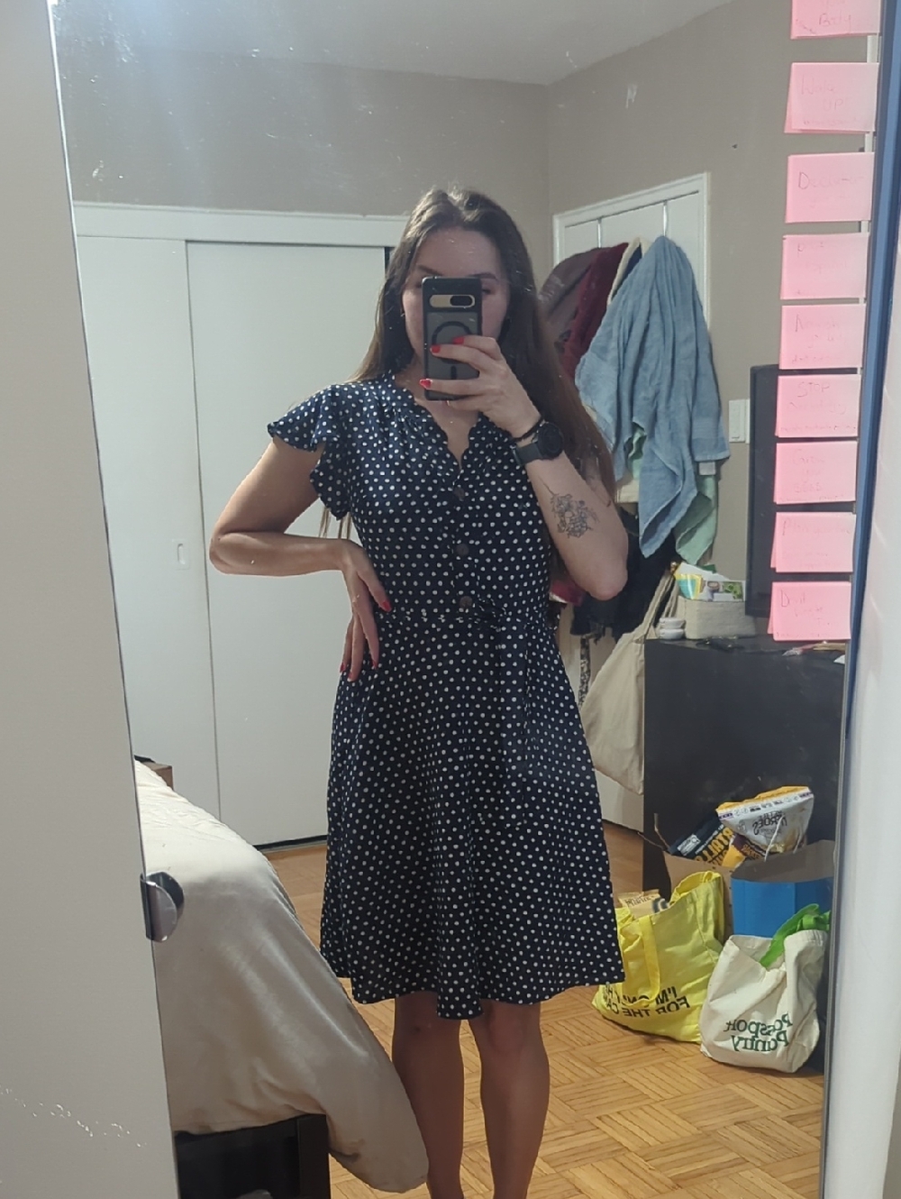 Monteau Navy and White Polka Dot Tie-Detail Midi Dress